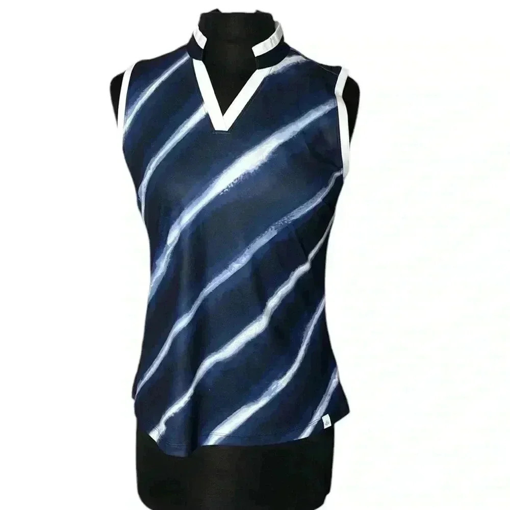 Lady Hagen Stripe Tie Dye Blue White Sleeveless Tennis Top Size S